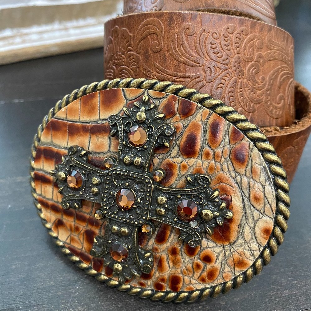 Brown Embossed Leather and Rhinestone Cross Belt